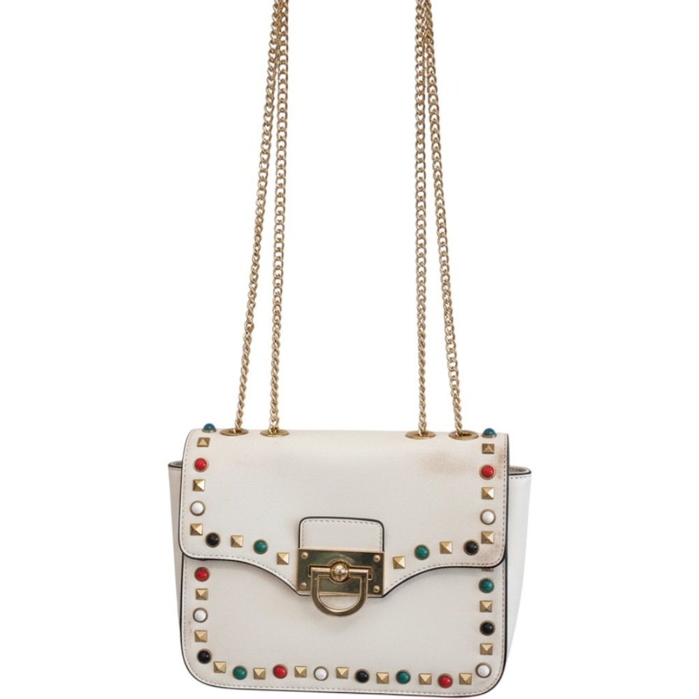 Cream Studded Crossbody Bag Multi-Color Cabochon Gold Chain Shoulder Purse